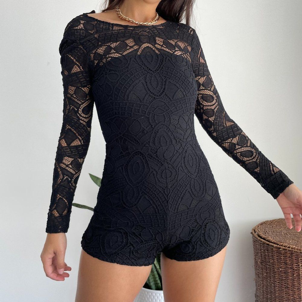 Alexis Black Lace Romper Long Sleeve Open Back
